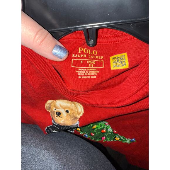 Kids Christmas Polo Bear Polo Ralph Lauren Red Long Sleeve Tee Size 5 - Picture 3 of 4